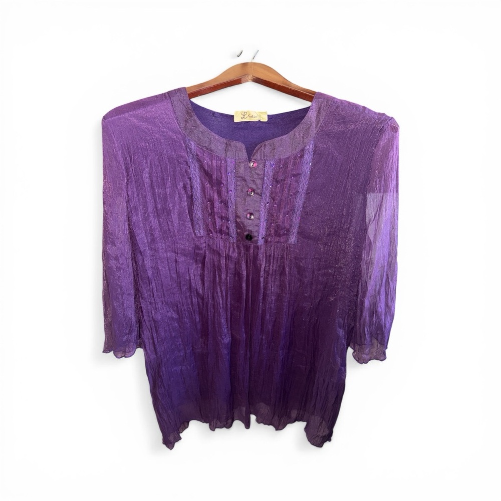 Purple Sheer Crinkle Button-Front Women's Fairy-core Boho Shimmer Sheer Blouse